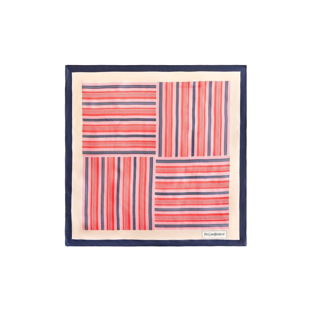 Vintage Yves Saint Laurent Silk Scarf Geometric Stripe Print Navy Red 1980s
